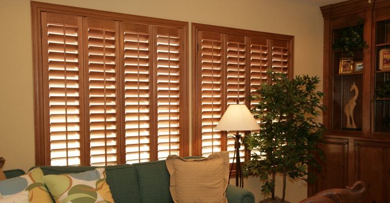 Hardwood shutters in Cleveland living room.